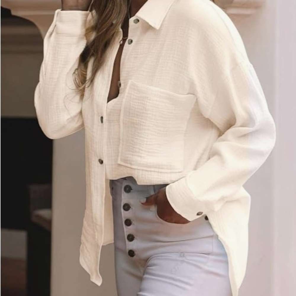 BUNDLE, Pink and Cream Oversized Cuffed Sleeve Button Down Shirts - Picture 5 of 8
